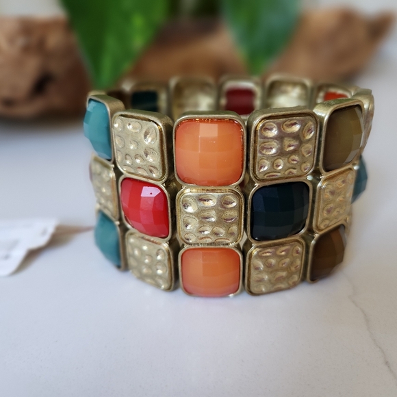Wide Band Stretch Link Multicolor Gemstone Bracelet🦋 - Picture 2 of 10